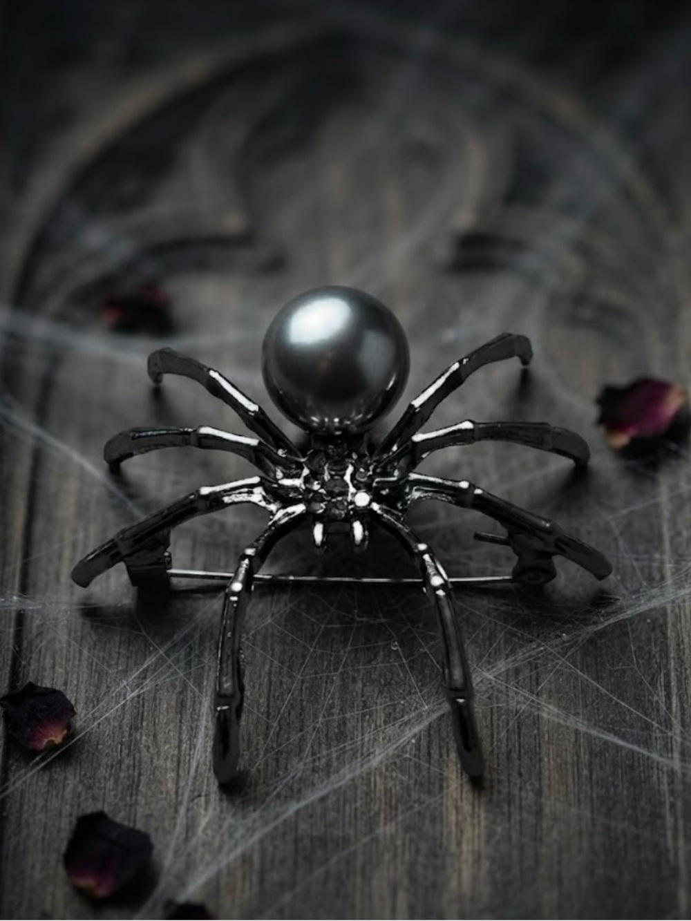 Black Spider Brooch with Gunmetal Pearl Accent